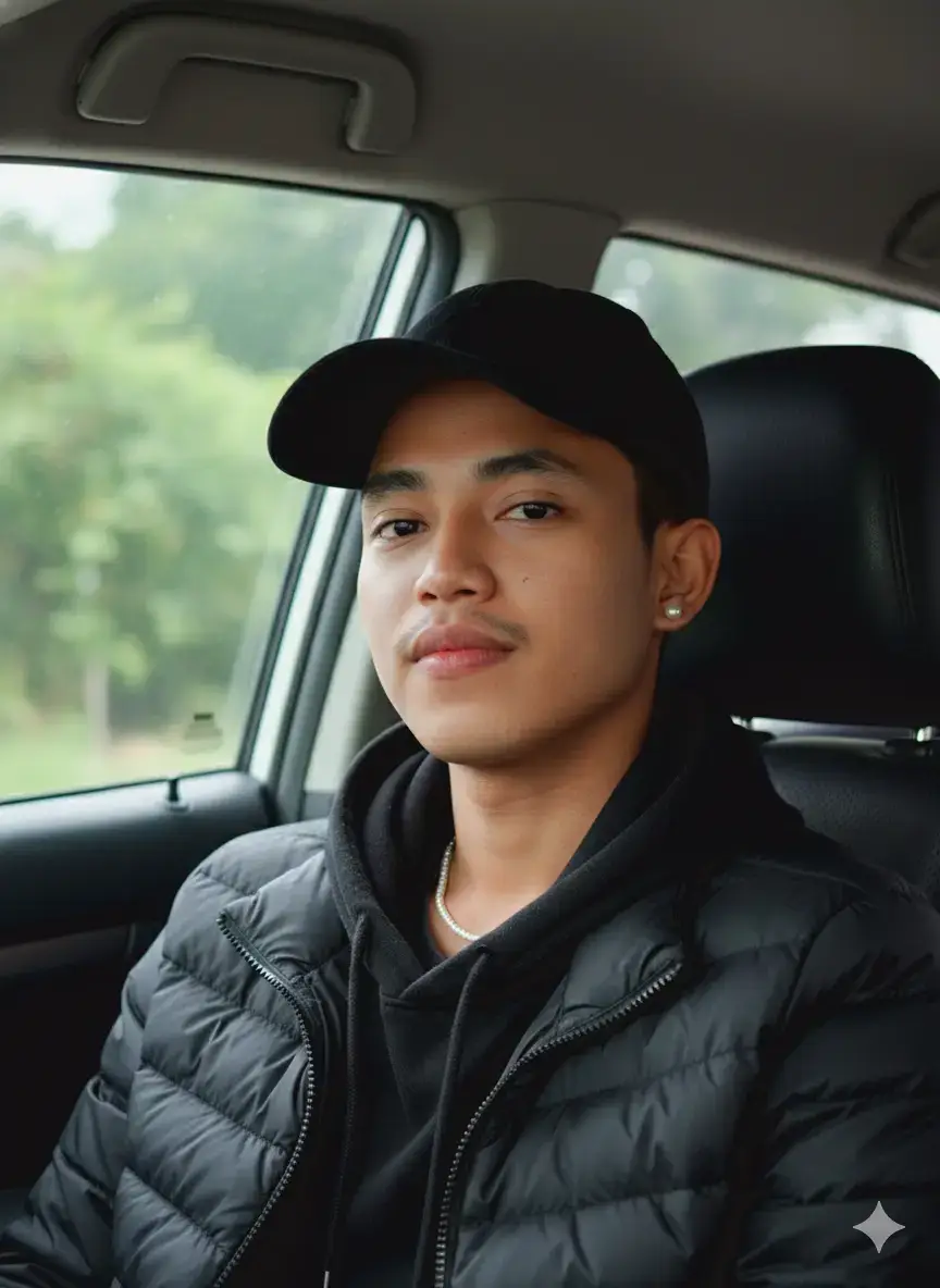 PROMPT: Create an image using faces of the uploaded photo: A candid photograph taken inside a car shows a young man ,sitting in the backseat, leaning his head slightly against the headrest while gazing softly toward the camera. The shot captures him from the chest up at a natural angle, suggesting spontaneity rather than a posed look. His black, slightly tousled hair frames his face casually, with a few strands falling across his forehead, adding to the effortless and unplanned vibe. He wears a black puffer jacket,black hoodie. Hood, further emphasizing the natural, in-the-moment quality of the photo. 832 The expression on his face is calm and neutral, with just the faintest hint of curiosity or thoughtfulness, making it feel candid rather than staged. Natural daylight filters in through the car windows, softly illuminating his features while keeping the overall lighting balanced and realistic. The blurred background outside the window shows greenery, providing context without distracting from the subject. 119 341 The overall mood of the photo is casual, intimate, and candid, as though it was taken spontaneously during a quiet moment in transit, perfectly preserving a natural and authentic expression.. Do not over-edit or enhance the face in any way. Maintain a high degree of facial fidelity to the provided image.#GeminiAi #promptgemini #gemini #geminitrend #fyp 