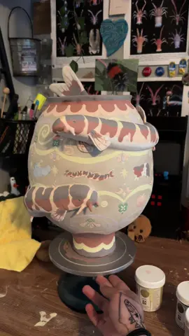 I finisged underglazing my vase huzzah ft. Random bisque pieces ftft. The vase on the to-be-bisque-fired shelf #art #clay #ceramics #kuhliloach #guineapig 