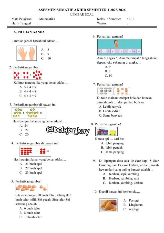Matematika Kelas 1 File yang bisa di edit bisa didapatkan di lynk.id  klik link yang ada di bio #soalujian