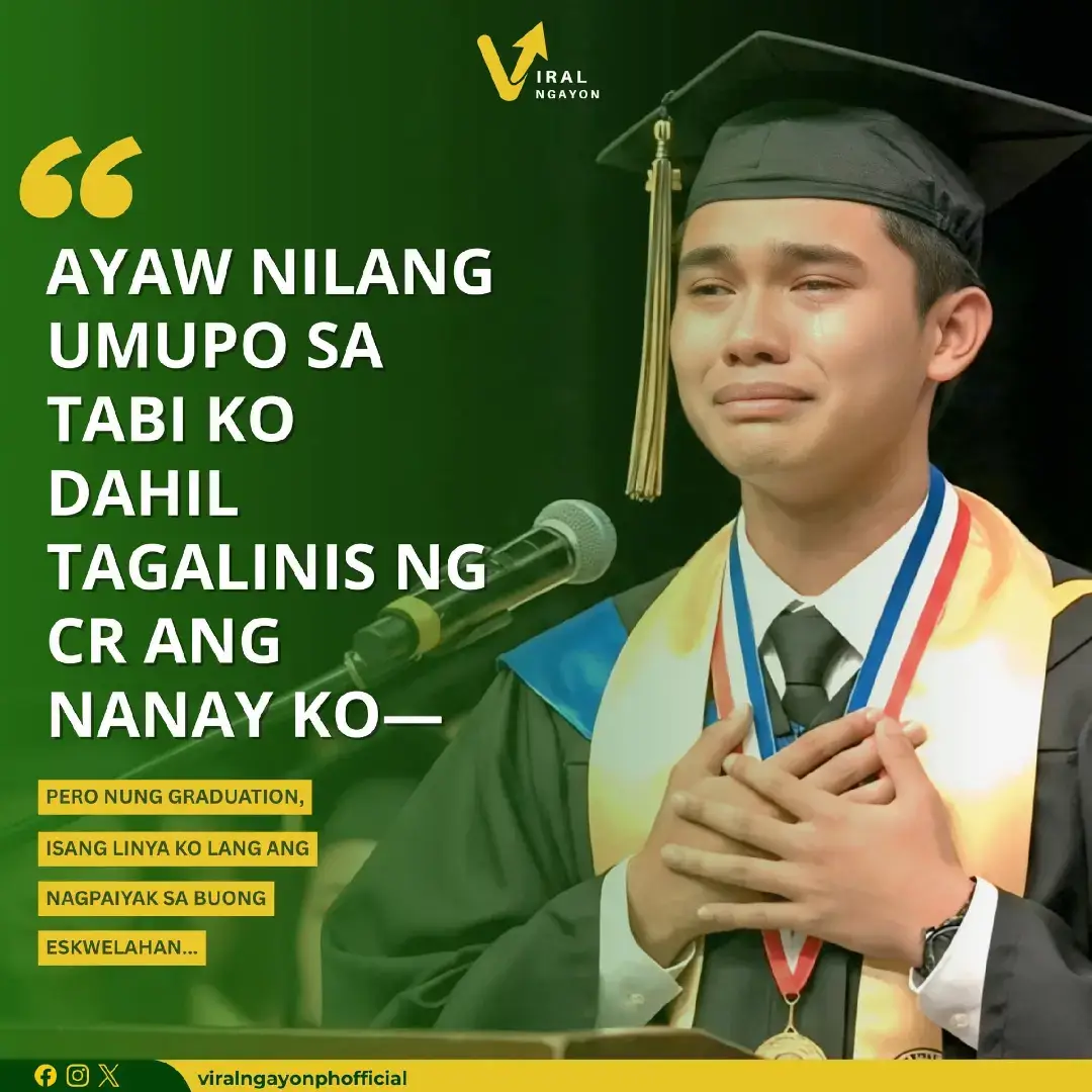 AYAW NILANG UMUPO SA TABI KO DAHIL ANG NANAY KO TAGALINIS NG CR — PERO NOONG GRADUATION, ISANG LINYA LANG ANG SINABI KO, AT LAHAT SILA NAIYAK. Ako si Randy, at sa loob ng labindalawang taon kong pag-aaral, natutunan kong hindi lang hirap ang masakit — kundi ang hiya na itinanim ng iba sa’yo. Hindi ko kailanman ikinahiya si Nanay, pero araw-araw, pinaparamdam ng mundo na dapat kong ikahiya siya. Si Nanay Lita, ang nanay kong tagalinis ng CR sa eskwelahan na pinapasukan ko. Oo — siya ‘yung babaeng may walis, may timba, at may amoy ng sabon at disinfectant sa katawan. At oo, siya rin ‘yung babaeng tinatawanan ng mga kaklase ko, habang ako ay pinandidirihan. ANG BATA NA LAGING MAG-ISA Grade 1 ako noon, unang araw ng klase. Masaya ako, suot ko pa ang bagong uniform na binili ni Nanay sa ukay-ukay. Pagpasok ko, narinig ko ang tawanan. “Uy, ‘yan ‘yung anak ng tagalinis ng CR!” “Siguro amoy kubeta rin ‘yan!” Tawa silang lahat. At simula noon, walang gustong umupo sa tabi ko. Kapag may group activity, ako ang huling natitira. Kapag may kainan, wala akong katabi. Minsan, habang kumakain ako mag-isa, narinig ko pa ang isa: “Kaya pala malinis palagi ‘yung CR, may anak na nag-aaral dito!” Masakit. Pero umuwi lang ako nang tahimik. Pagdating ko sa bahay, nakita ko si Nanay, pawisan, may mga sabon sa braso, nakangiti pa rin. “Anak, may ulam ako. Adobo, oh!” Ngumiti ako, pilit. “Salamat po, Nay.” Hindi ko nasabing umiiyak ako buong tanghali dahil sa kanya. ANG LABINDALAWANG TAON NG PANGUNGUTYA Taon-taon, pareho lang. “Anak ng janitress.” “Tagalinis ng banyo.” “Walang kwenta.” At tuwing nakikita ko si Nanay na naglilinis ng sahig sa school habang ang mga estudyante ay dumadaan at umiwas sa kanya, sumasakit ang dibdib ko. Pero kahit gano’n, lagi niyang sinasabi: “Anak, ‘wag mong ikahiya ang trabaho ko. Hindi marumi ang taong marangal. Mas marumi ang pusong nanghuhusga.” Kaya kahit masakit, tiniis ko. Hindi ako lumaban, kasi alam kong may araw din ng katotohanan. ANG ARAW NG GRADUATION Pagkatapos ng labindalawang taon ng pangungutya, dumating na ang araw ng graduation. Puno ang gymnasium. Lahat ng magulang nakaayos — may mga mamahaling gown, may mga cellphone na nagre-record. Sa pinakadulo ng upuan, nakita ko si Nanay. Naka-puting blouse, maayos ang buhok, pero halatang galing pa rin sa trabaho. May sabon pa sa mga kamay niya, at amoy pa rin ng Lysol. Ngunit sa akin, siya ang pinakamarilag na babae sa buong mundo. Tinawag ang pangalan ko: “VALEDICTORIAN — RANDY DE LEON!” Tahimik akong lumakad papunta sa entablado. Naririnig ko pa rin ang mga bulungan: “Siya ‘yung anak ng janitress, ‘di ba?” “Nakakagulat, siya pala ‘yung top student!” Pero ngayon, ako na ang may pagkakataong magsalita... Ctto: Viralngayon #fypシ゚ #foryoupage #fyp #kindness #cebuphilippines 