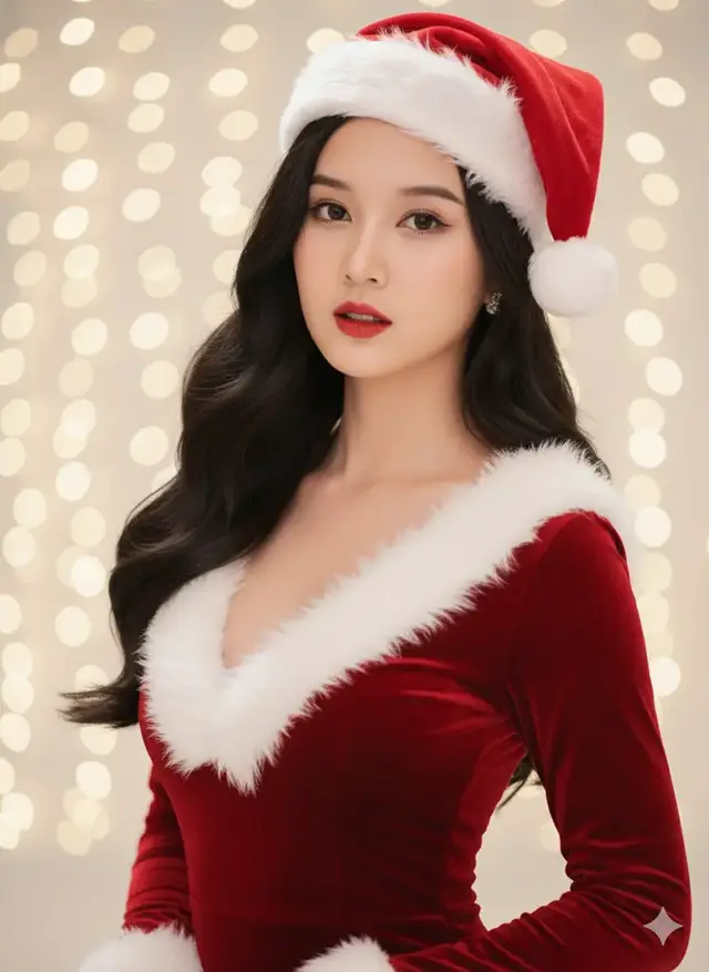 Use this picture to create a photorealistic portrait of a beautiful lady wearing a festive Christmas outfit — a red dress with white fur trim, paired with a Santa hat. Clean studio background with soft glowing lights, high-fashion holiday photoshoot style. Sharp focus, ultra-realistic textures, cinematic lighting, professional photography look. Make it ultra hd, do not change the picture. #prompt #promptgemini #aistudio #chatgpt #geminiai