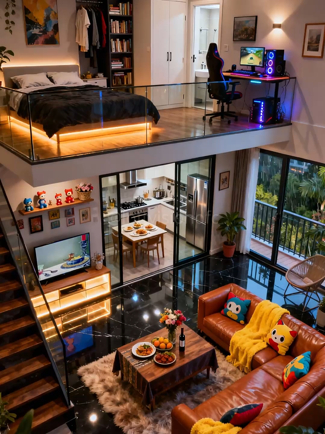 Gamer Loft: RGB Nights, Plush Couch & Dinner Ready 🎮✨ Cozy leather sofas, gaming lights, and everything set for movie marathons or game nights. Dine, chill, and play in a home that brings energy and comfort together! #gamerloft #RGBsetup #cozyvibes #movienights #loftliving