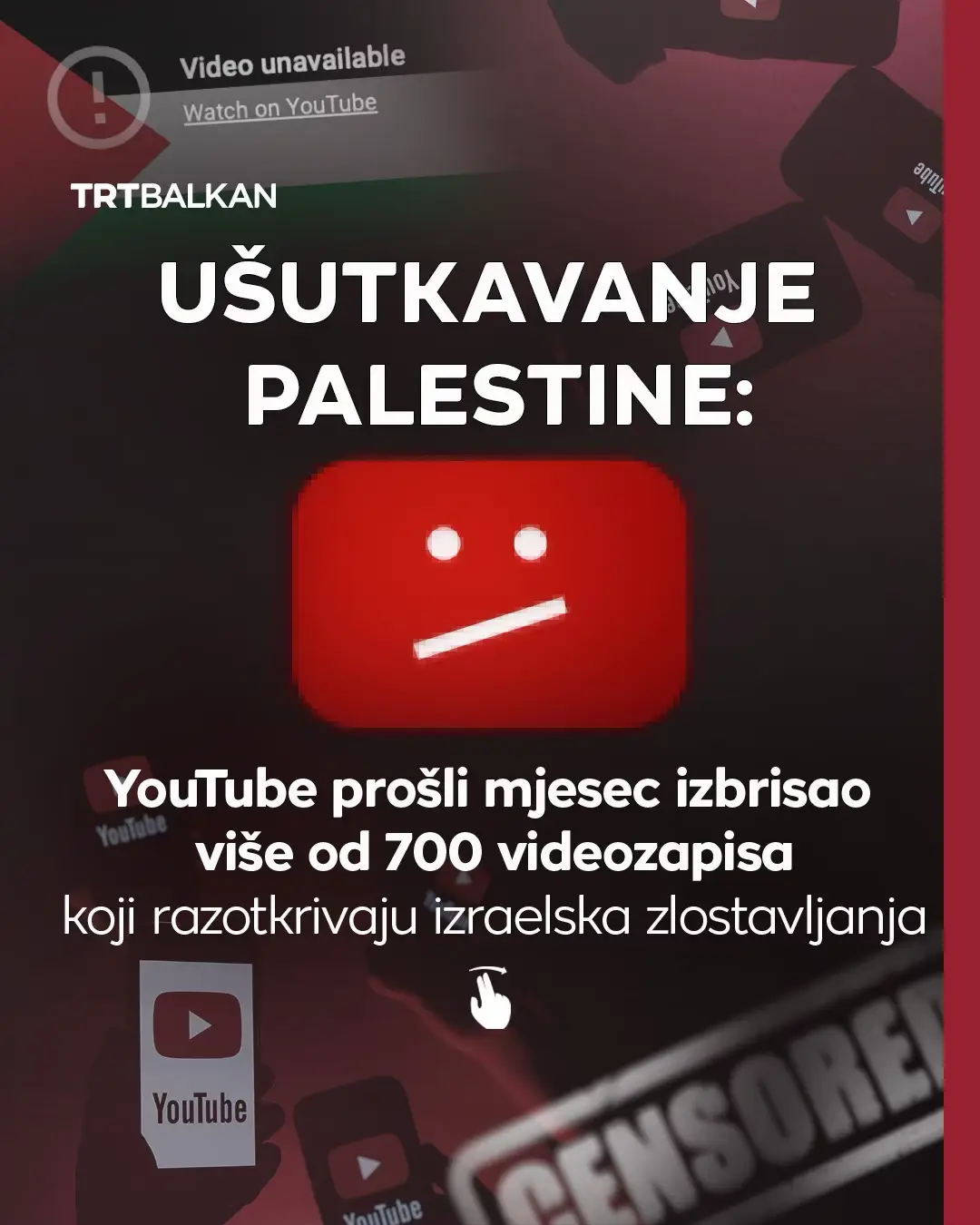 Početkom oktobra 2025. godine, računi tri glavne palestinske organizacije za ljudska prava nestali su s YouTubea, što je rezultiralo uklanjanjem preko 700 videozapisa koji su dokumentirali opsežne snimke kršenja međunarodnog prava od strane Izraela u Gazi i na okupiranoj Zapadnoj obali. Prema izvještaju The Intercepta objavljenom 4. novembra, izbrisani sadržaj kanala Al-Haq sa sjedištem u Gazi, Centra za ljudska prava Al Mezan sa sjedištem na Zapadnoj obali i Palestinskog centra za ljudska prava (PCHR) - najstarije organizacije za ljudska prava u Gazi prema UN-u - uključivao je i arhive kanala. Prema tim grupama, ukidanja su se dogodila bez prethodnog upozorenja. Zagovornici ljudskih prava kažu da ovaj potez cenzurira palestinske glasove i briše dokaze o izraelskim ratnim zločinima. Portparol YouTubea rekao je za The Intercept da su računi uklonjeni nakon revizije koju su pokrenule američke sankcije, navodeći svoju obavezu da se pridržava važećih trgovinskih i sankcijskih zakona. U septembru je Trumpova administracija uvela sankcije protiv grupa koje su sarađivale s Međunarodnim krivičnim sudom u istrazi izraelskih zvaničnika za ratne zločine. #Palestina #youtube #brisanje #snimak #Izrael 