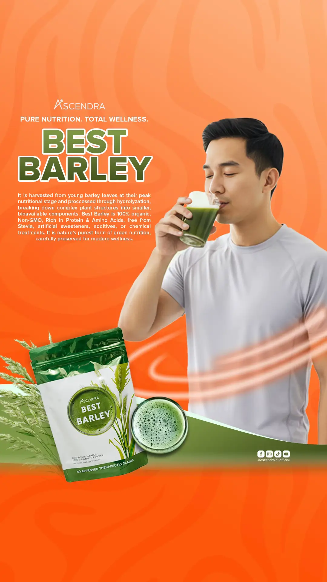 Start your day right — with Best Barley! ✨ May organic green barley from Australia na rich in chlorophyll, fiber, protein, at amino acids para sa natural nourishment ng katawan araw-araw. 🧡 #BestBarley #AscendraInternational #AngPartnerMoSaPagAsenso
