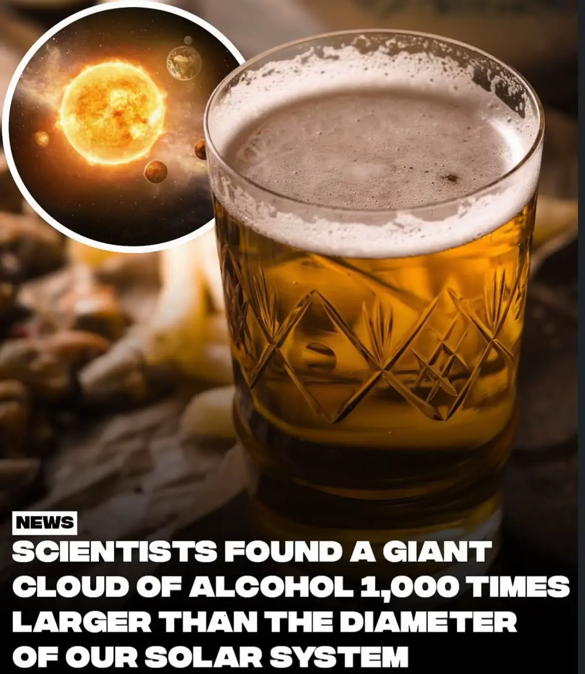 Roughly 10,000 light-years from Earth, drifting near the constellation Aquila, scientists have found something staggering: a giant cloud of alcohol. This interstellar mass is no small discovery-it stretches more than 1,000 times the width of our solar system and holds an estimated 400 quintillion liters of methyl alcohol. Also known as wood alcohol, it's toxic and wildly unsafe to drink. But even if it weren't, the scale makes it laughably impractical. To consume it all, every human would need to drink 300,000 liters a day... for the next billion years. It's a cosmic reminder that space is full of strange abundance-just not the kind you can toast with. #fyp #viral #info #usa #uk
