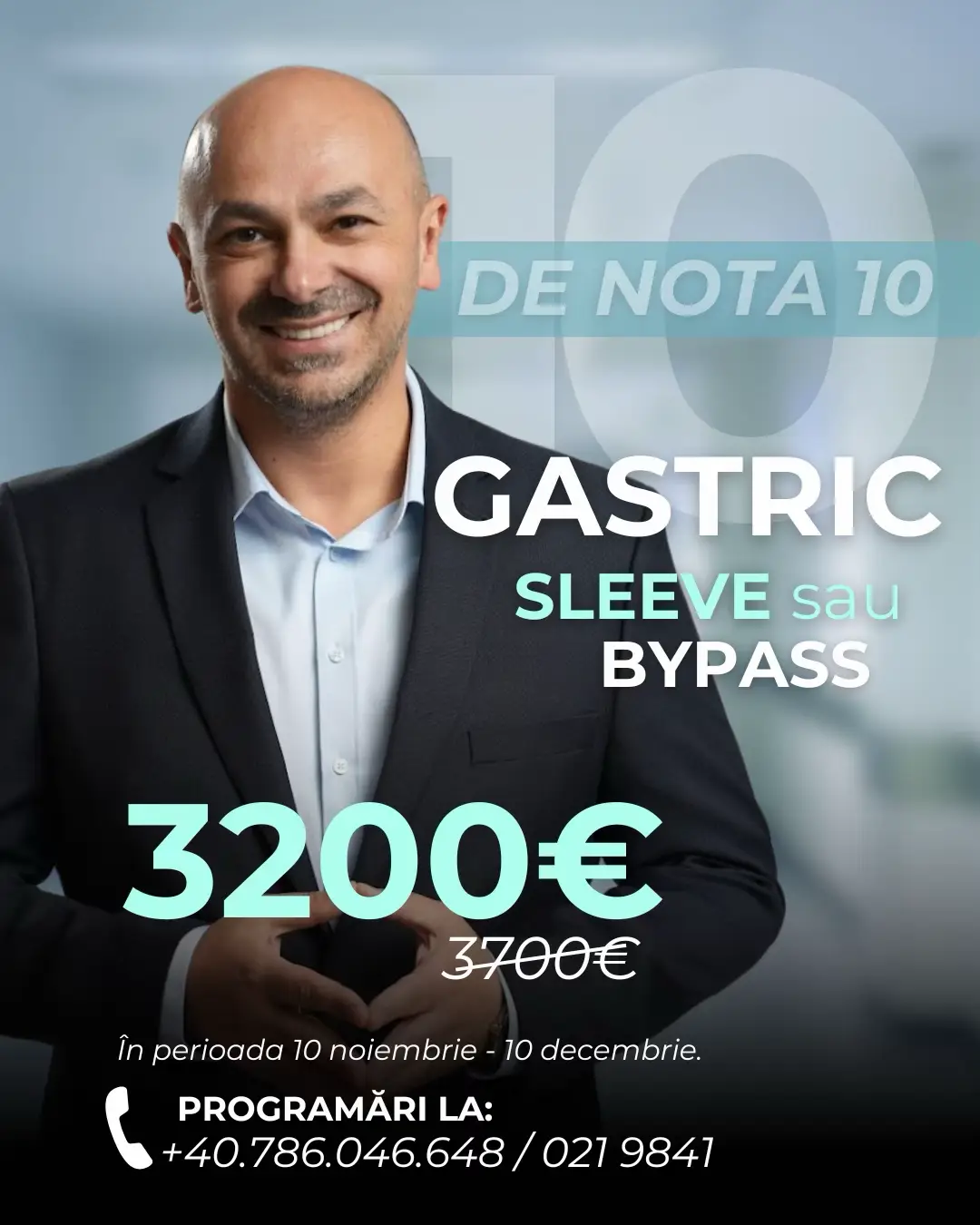 În luna noiembrie suntem de nota 10✨ Gastric Sleeve sau Bypass la 3200€ redus de la 3700€. La RBC Medical, ne dorim ca fiecare pacient să beneficieze de o experiență medicală complet personalizată și de cele mai bune rezultate în programul bariatric. 👇🏻 Pachetul operator complet include: 	•	intervenția chirurgicală 	•	anestezia 	•	două nopți de spitalizare 	•	planul de îngrijire și tratament post-operator 	•	consumabilele speciale 	•	controlul și analizele de laborator la 10 zile după operație 	•	pudrele proteice RBC Nutrition 📆Promoția se desfășoară în perioada 10 noiembrie - 10 decembrie. ⚠️Atenție! Avem un număr limitat de locuri. 📲Detalii și programări: 0786.046.648 / 021.9841 📍 RBC Medical