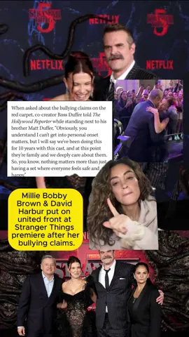 Millie Bobby Brown & David Harbur put on united front at Stranger Things premiere after her bullying claims. #milliebobbybrown #davidharbour #strangerthings #bullying #greenscreen