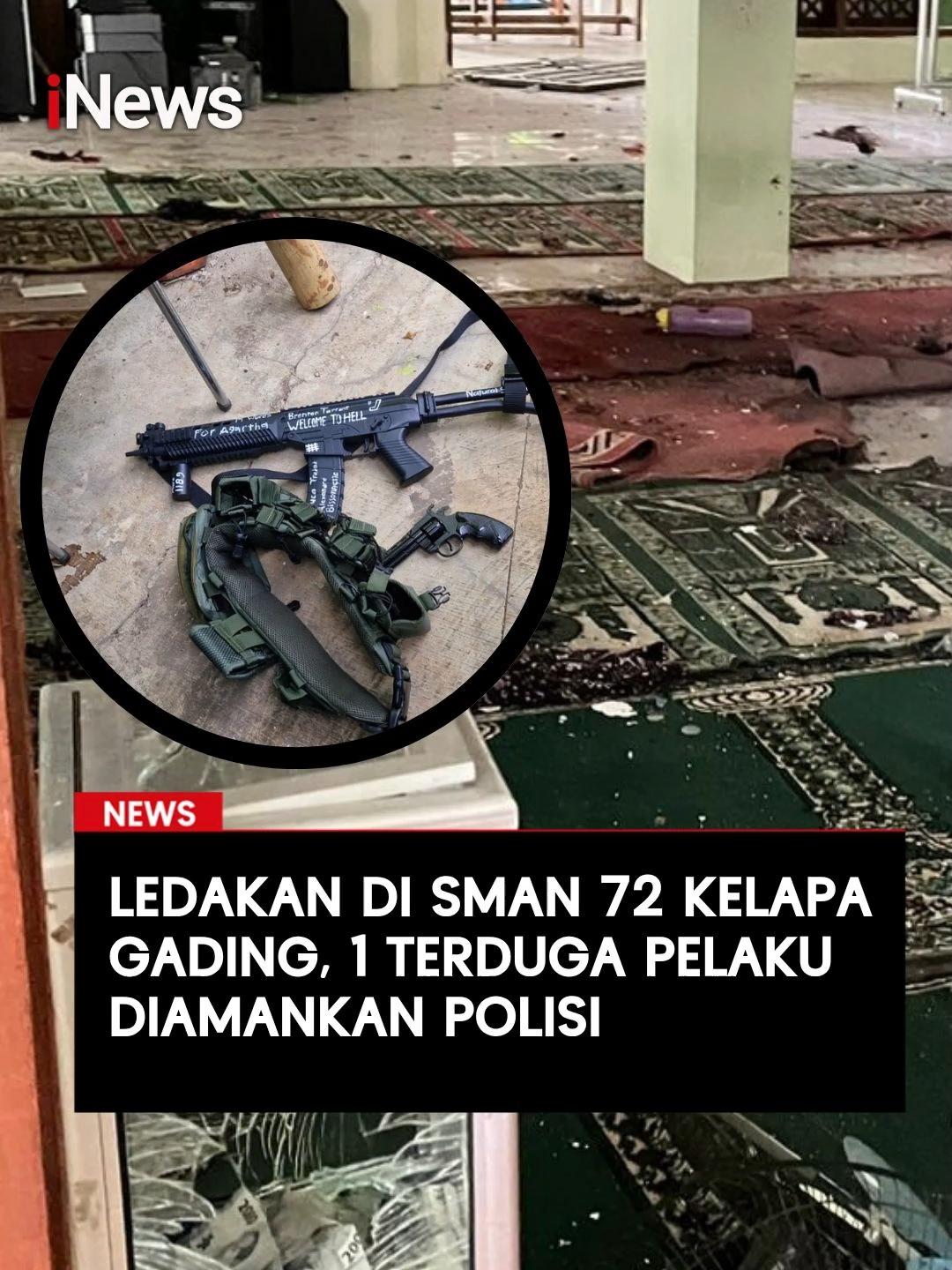 Ledakan mengguncang SMA Negeri 72 Jakarta Utara saat kegiatan Salat Jumat berlangsung, Jumat (7/11/2025) sekitar pukul 12.15 WIB. Dari hasil pemeriksaan awal, petugas menemukan benda mirip airsoft gun, senjata rakitan, dan bom molotov di sekitar lokasi kejadian. Sementara, jumlah korban luka-luka karena ledakan berjumlah 54 orang. Polisi juga telah mengamankan satu orang terduga pelaku yang bukan berasal dari lingkungan sekolah. Baca selengkapnya di sini: https://www.inews.id/news/megapolitan/ledakan-di-sman-72-kelapa-gading-1-terduga-pelaku-diamankan-polisi #jakut #SMAN72KelapaGading #Ledakan #Pelaku #Viral #Gegana