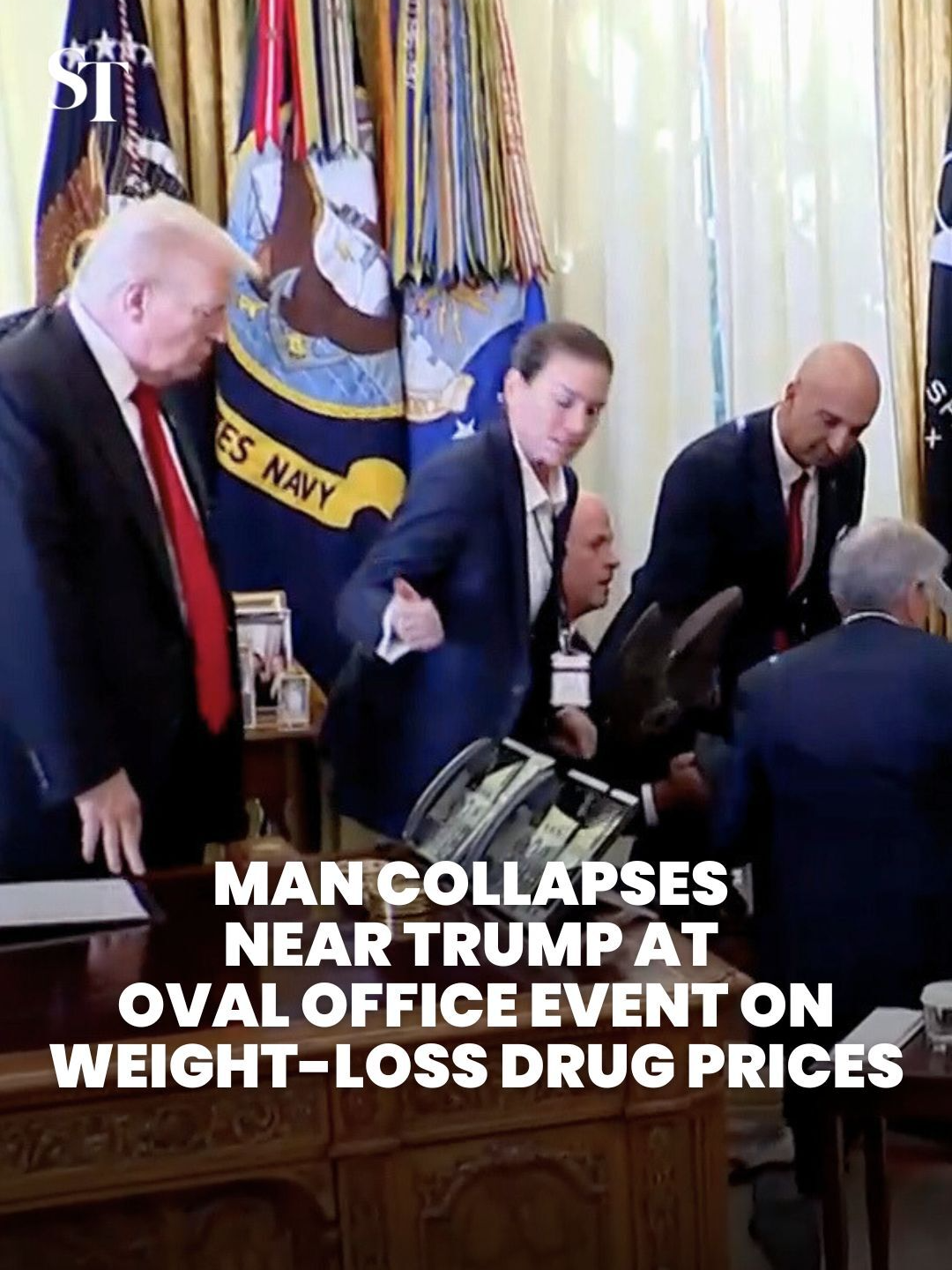 A guest collapsed near US President Donald Trump during a weight-loss drug event at the Oval Office. #Trump #OvalOffice #WhiteHouse #US