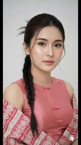 #ညနေခင်းလေးပါချစ်တို့ရေ💞 #စာသား👇🏻💚💚💚  A beautiful young Burmese woman wearing elegant traditional attire. She has light-medium skin tone, a soft, pleasant smile, and her hair is tied up with a single long side braid resting over her shoulder. The outfit consists of a fitted, sleeveless or cap-sleeved Eingyi (Burmese traditional blouse) in a muted sage-green or pale teal color, featuring a high, round neckline and decorative floral or knot-style frog closures running vertically down the center front. She is wearing a matching Acheik-patterned (intricate wave-pattern) Longyi/Htamein (Burmese sarong/wrap skirt) in a similar teal/turquoise and light green/white woven silk pattern, draped elegantly around her waist. A shawl or sash made of the same matching Acheik-patterned textile is draped over one or both shoulders. The overall aesthetic should be one of grace and tradition, captured with soft, diffused lighting against a simple, light background. Photorealistic style, studio portrait.