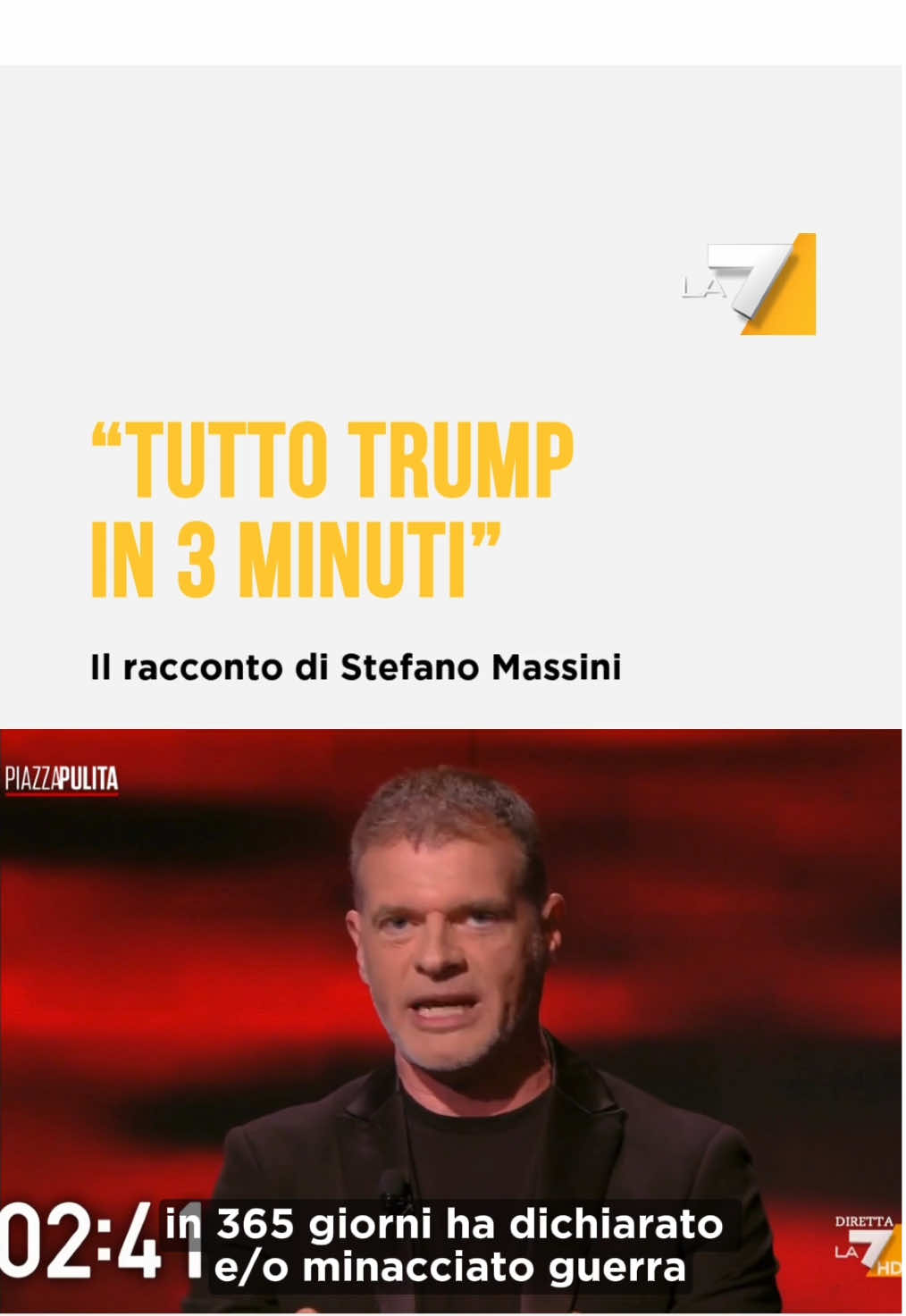 Stefano Massini, a un anno esatto dalla vittoria di Donald Trump alle elezioni, ripercorre velocissimo in 180 secondi sfrenati tutto il suo anno presidenziale fra dazi, guerre, paci, attacchi ai nemici e follie assortite. Guarda il video integrale su La7.it (link in bio) #trump #usa #politica #piazzapulita #stefanomassini 