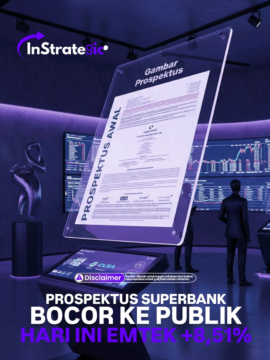 Superbank Siap IPO 11 Desember 2025, Target Raup Dana Rp 5,36 Triliun Superbank dikabarkan siap melantai di Bursa Efek Indonesia pada 11 Desember 2025, menawarkan sekitar 5,2 miliar saham atau 15% dari modal disetor, dengan kisaran harga Rp 500–Rp 1.030 per saham. Jika terealisasi di batas atas, dana yang dihimpun mencapai Rp 5,36 triliun. Prospektus yang beredar juga mencantumkan jadwal book building pada 17–24 November 2025. Bank digital milik PT Elang Mahkota Teknologi Tbk (EMTK) bersama Grab Holdings, KakaoBank, dan Singtel Alpha Investments ini disebut tengah memantapkan langkah menuju IPO besar di akhir tahun. (Sumber: IDNFinancials, 7 Nov 2025 , Kontan.co.id, 6–7 Nov 2025 ) IPO ini berpotensi menjadi penutup tahun terbesar di pasar modal 2025, memperkuat posisi Superbank sebagai pemain dominan di sektor bank digital berbasis ekosistem teknologi. Namun, tantangan ke depan mencakup daya saing margin, regulasi OJK untuk bank digital, dan kesiapan menjaga profitabilitas berkelanjutan pasca-IPO #stockwise #bursaefekindonesia #andryhakim #sahampemula #sahamindonesia 