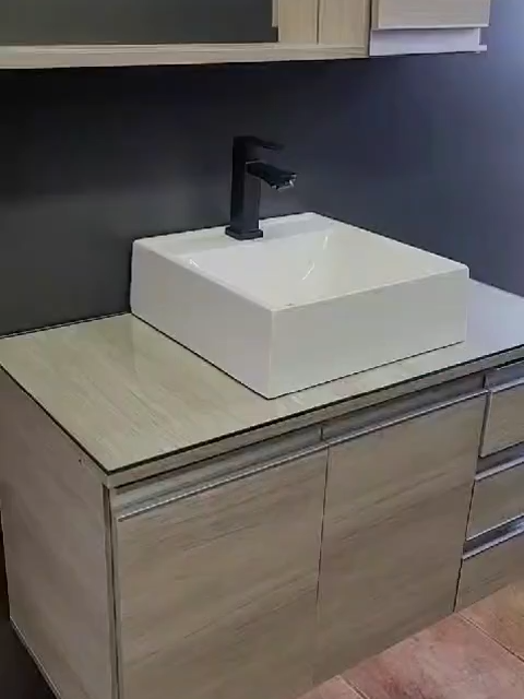 Gabinete Banheiro Prisma 80cm (gabinete + cuba + espelheira) Opção: TAMPO VIDRO