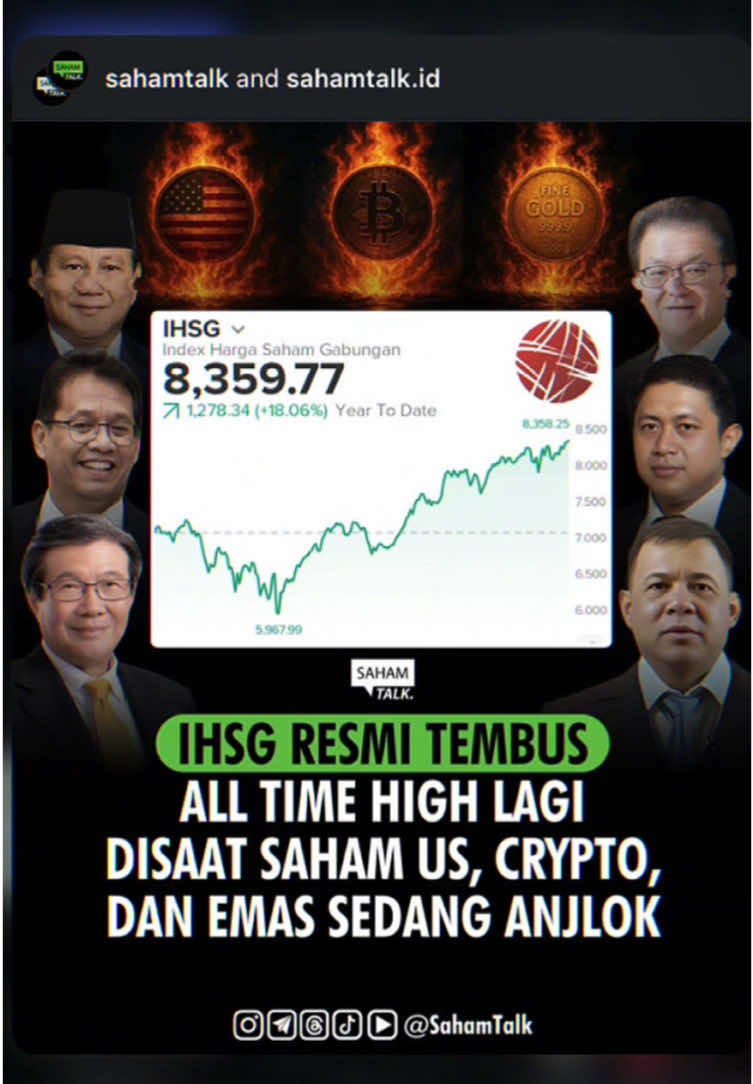 🚨Disaat saham US, crypto, dan emas mengalami penurunan justru IHSG mencetak ATH baru. Saham Prajogo Pangestu mendominasi hari ini bantu gendong IHSG🚀 #saham #ihsg #sahamtalk #stockbit #prajogopangestu 