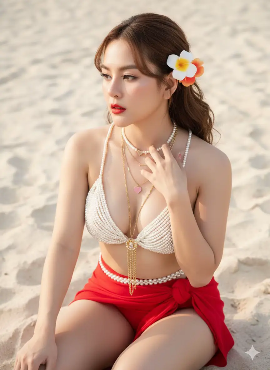 ❤️สร้างภาพจากต้นฉบับโดยใช้ใบหน้าและทรงผมเดิม100%สร้างภาพถ่ายสมจริงของหญิงสาวกำลังนี่งพับเข่าโพสท่าอยู่บนชายหาดหรือพื้นทราย เธอมีผิขาว ผม ประดับด้วยดอกไม้สีขาวอมส้มที่เสียบอยู่ข้างหูขวา  ใบหน้าของเธอหันไปทางซ้ายเล็กน้อย มองออกไปนอกกรอบภาพ  ริมฝีปากอวบอิ่มทาลิปสติกสีแดง  ทรงผมด้านซ้ายทัดหู ส่วนด้านขวาปล่อยยาวลงมาข้างแก้ม  เธอสวมบราเซียประดับลูกปัดมุกสีขาวเป็นชั้นๆ คล้ายกับเครื่องประดับที่ออกแบบมาเพื่อสวมใส่ช่วงบนของร่างกาย มีโซ่ทองประดับอยู่ตรงกลางหน้าอกและห้อยลงมาที่ช่วงเอว  มีสร้อยคอหลายเส้น สร้อยคอเส้นสั้นเป็นลูกปัดสีขาวมีจี้รูปหัวใจสีชมพูห้อยอยู่ สร้อยคอเส้นยาวเป็นโซ่สีทองหลายเส้น  ช่วงล่างเธอสวมผ้าคลุมเอวสีแดงสดที่ผูกปมไว้ด้านหน้า เผยให้เห็นกางเกงบิกินี่สีแดง  มีเข็มขัดลูกปัดมุกสีขาวคาดอยู่ที่สะโพก  เธอหันหน้านิ่งไปทางซ้ายนั่งพับเข่าอยู่บนพื้นทราย มือขวาจับโซ่สร้อยคอที่ช่วงคอ แขนซ้ายวางพาดไว้ที่หน้าขา  ฉากหลังเป็นพื้นทรายสีอ่อนๆ ดูเหมือนจะเป็นชายหาดหรือบริเวณที่มีทรายกว้างขวางมุมมองภาพถ่ายผู้ถ่ายยืนถ่ายมุมมองเลยเป็นภาพถ่ายมุมสูงระยะใกล้ โทนสีและแสง:  ภาพมีโทนสีอบอุ่น ให้ความรู้สึกสดใสและเป็นฤดูร้อน  แสงธรรมชาติส่องเข้ามาจากด้านหน้าหรือด้านข้าง ทำให้เกิดเงาอ่อนๆ บนพื้นทรายและขับเน้นผิวของเธอ  ภาพมุมสูงมีความคมชัดและรายละเอียดดีเยี่ยม❤️ #ติดเทรนด์ #geminiai #สร้างภาพด้วยai #แจกpromptฟรี #สร้างภาพด้วยgemini 