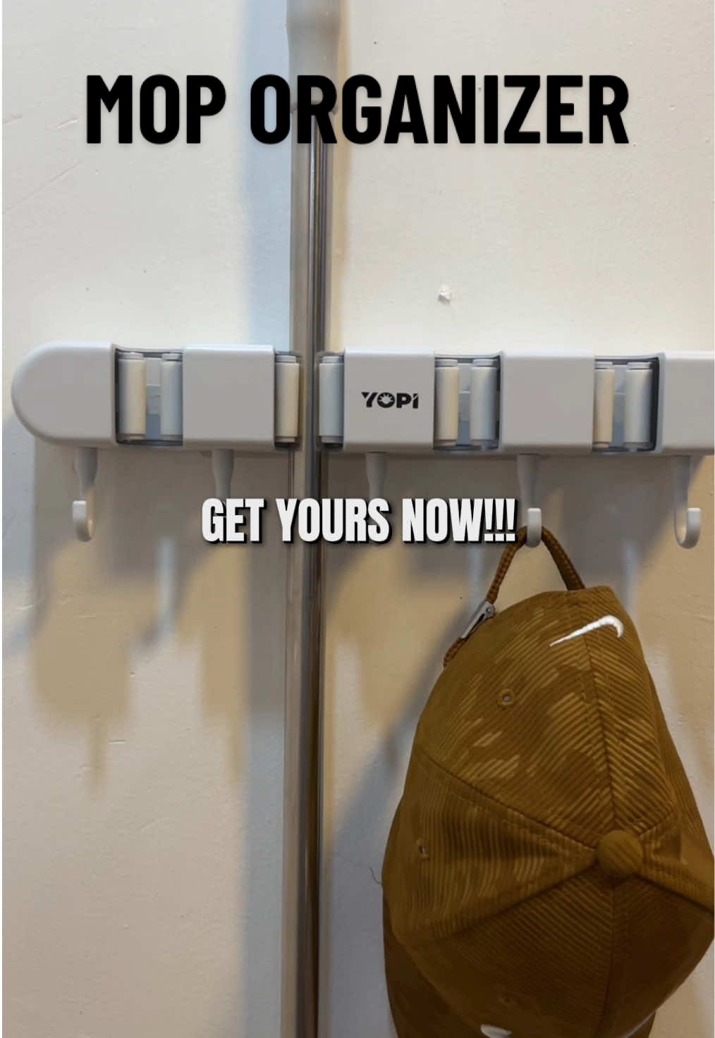 Easy to install wall mounted mop organizer. Perfect for tiny spaces. #moporganizer #mopholder #wallmountedmopholder #wallmountedorganizer #householditems 