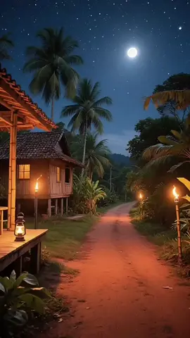 Malam desa yang tenang, bulan purnama jadi saksi bisu. Rumah kayu, lampu taman, dan suara jangkrik... Right here waiting for peace. 🌴🌕✨ #moonlight #naturelovers #nightvibes #aestheticvideos #fyp 