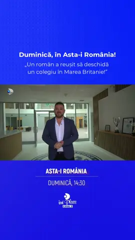 Duminica aceasta, nu ratați o nouă ediție „Asta-i România”! 🤩 Descoperim o poveste impresionantă din seria „Dau regatul pentru țară” - cea a unui român care a reușit să deschidă un colegiu în Marea Britanie! 📺 Duminică, de la 14:30, la Asta-i România, doar la Kanal D! #showbiz #kanaldromania #astairomania