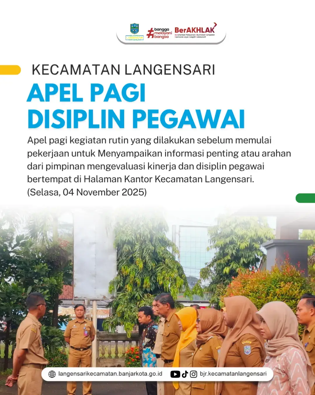 Apel pagi kegiatan rutin yang dilakukan sebelum memulai pekerjaan untuk Menyampaikan informasi penting atau arahan dari pimpinan mengevaluasi kinerja dan disiplin pegawai bertempat di Halaman Kantor Kecamatan Langensari. Bertujuan : 1. Menumbuhkan Disiplin 2. Meningkatkan Komunikasi Internal  3. Sebagai Sarana Evaluasi dan Apresiasi 4. Meningkatkan Motivasi dan Semangat Kerja 5. Monitoring Kehadiran  #apel #apelpagi #kecamatanlangensari #kotabanjar #fyp 