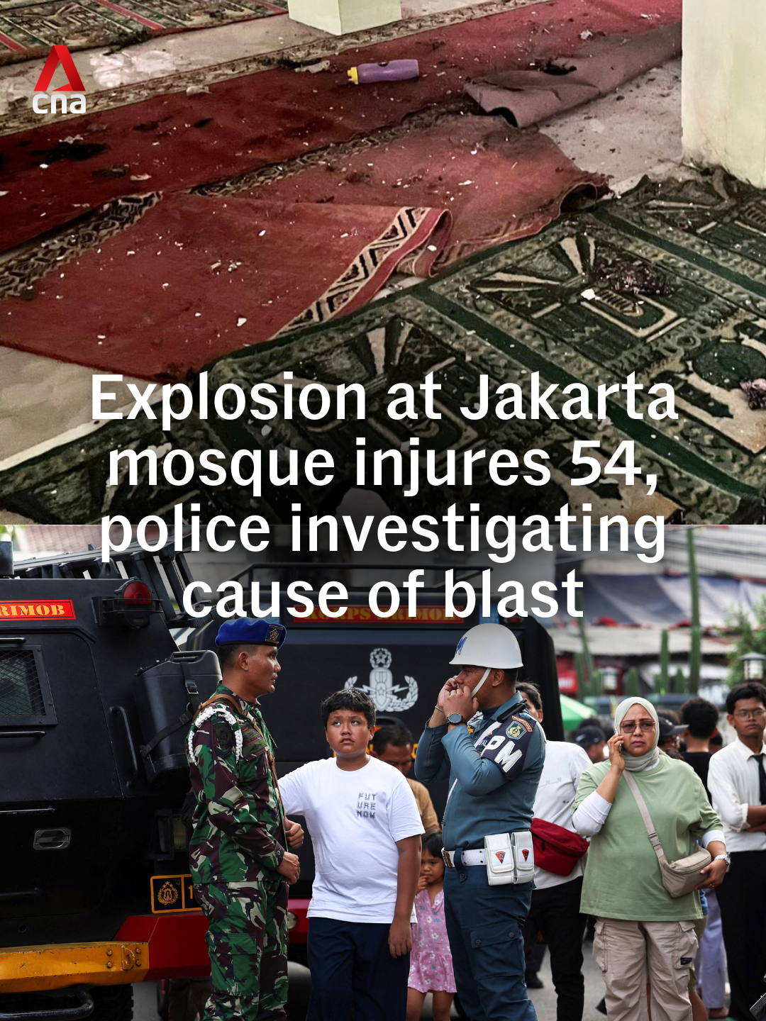 Dozens of people were injured and hospitalised after an explosion at a mosque at a school complex in Jakarta, Indonesia. Police are investigating the cause of Nov 7 explosion, which took place during Friday prayers shortly after noon. The suspected perpetrator is about 17 years old and currently undergoing surgery, deputy house speaker Sufmi Dasco Ahmad told reporters. An anti-bomb squad found toy rifles and a toy gun near the mosque, city police chief Asep Edi Suheri said, adding that police are still investigating the cause of the blasts. #indonesia #indonesianews