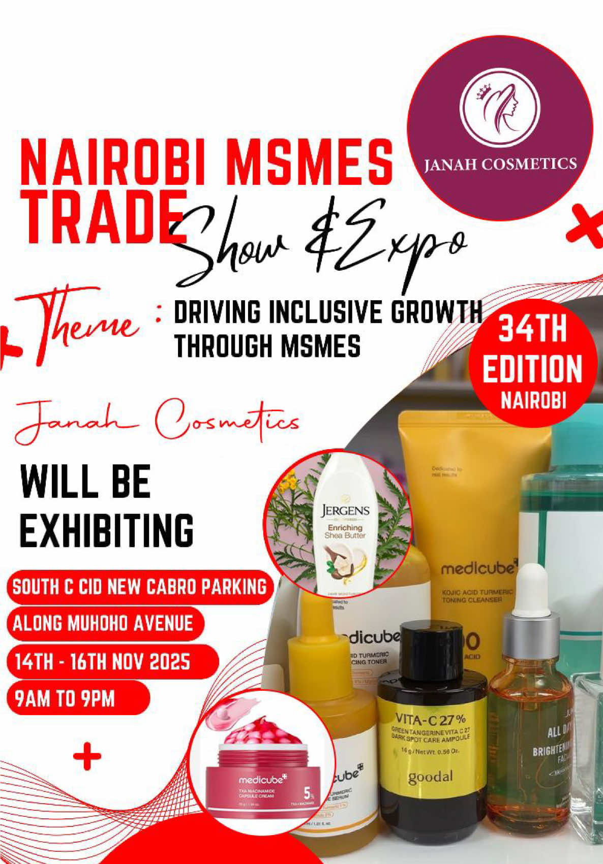 This coming weekend from 14th November to 16th November we will be exhibiting at the Ishmar Expo that will be taking place at South C in the new CID Cabro parking lot from 9am-9pm. Come join us and let’s have a good time together when learning all about skincare product and what to use of your face. We are looking forward to seeing you! #janahcosmetics #expo #expokenya #skincare #bodycare 