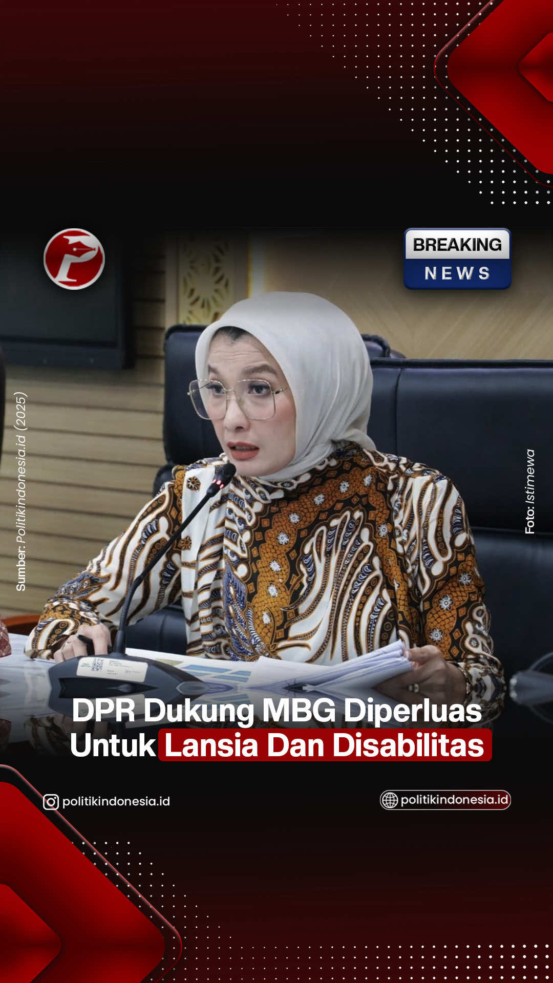 Anggota Komisi IX DPR RI Arzeti Bilbina menyatakan dukungannya terhadap rencana perluasan program Makan Bergizi Gratis (MBG) bagi lanjut usia (lansia) dan penyandang disabilitas, selama dibarengi dengan pembenahan tata kelola. Menurut Arzeti, pemerintah perlu terlebih dahulu melakukan pembenahan program yang saat ini masih menghadapi sejumlah persoalan, termasuk kasus keracunan dan makanan basi di berbagai daerah. “Tentu kami mendukung jika program MBG tidak hanya menyasar siswa sekolah dan ibu hamil saja, tetapi juga penyandang difabel dan lansia. Kendati demikian, kami meminta agar program yang saat ini sedang berjalan dengan sasaran peserta didik dan ibu hamil dioptimalkan termasuk meminimalkan potensi keracunan dan makan basi yang banyak terjadi di berbagai daerah,” kata Arzeti di Jakarta, Jumat (7/11/2025). Baca berita selengkapnya di https://www.politikindonesia.id/anggota-dpr-dukung-perluasan-mbg-untuk-lansia-dan-disabilitas