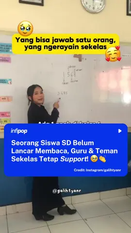 Pemilik akun Instagram @galihtyanr, membagikan momen 3 tahun lalu saat dirinya masih menjadi seorang guru SD. Pada cuplikan video tersebut, terlihat ada seorang murid kelas 4 SD yang belum lancar dalam membaca namun ia dan murid-muridnya yang lain tetap mendukung. Saat sang murid tersebut berhasil dalam membaca, sang guru dan teman-temannya turut senang merayakan. Galih menjelaskan bahwa pencapaian terbesarnya dapat membangun kelas yang supportive tanpa bullying.  Patut di contoh! 🤗 #fyp #siswasd #antibullying #cegahbullying #viral 