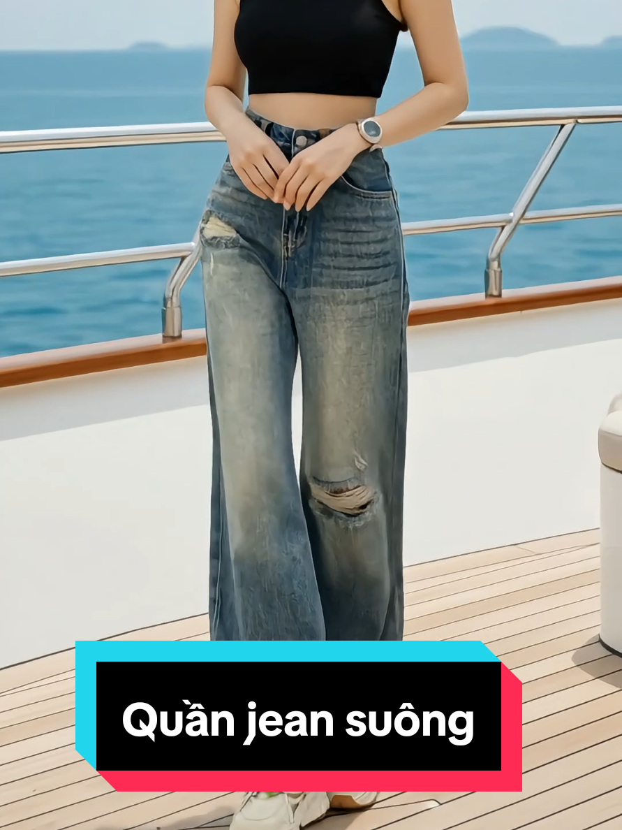 Quần jean suông ống rộng cạp cao phối rách gối #quanjeansuong #jeansuong #jeanongrong @Thủy Shop 