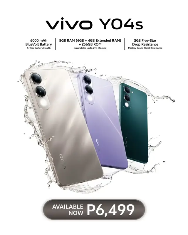 Meet the vivo Y04s -packed with a 6000mAh Social Media BlueVolt Battery, 256GB ROM with expandable up to 2TB Storage, and an SGS Five-Star Drop Resistance. Scroll, snap, and stream worry-free nonstop.Available now nationwide for 6,499!