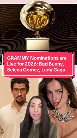 GRAMMY nominations are HERE! I’m pretty excited to see Selena Gomez, Addison Rae and Katseye on here!  Lady Gaga, Bad Bunny and Kendrick Lamar have the best chances to take home AOTY. What do you guys think? Leave your thoughts below! 👇 