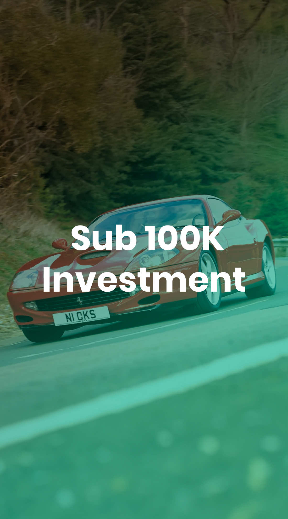 People think buying an investment car is expensive. But I’ll show you how to do it for less than $100,000.  You don't need to buy a Ferrari F40 or Porsche Carrera GT to start investing in cars. With the right knowledge, you can enter the car investment market without spending a fortune. For example in 2015 a Audi R8 V10 Manual cost $90,000 today it is worth $150,000.  A Mercedes SL73 cost $85,000 today it is worth $600,000 And a Ferrari 550 cost $75,000 today it is worth $240,000.  So I’ve spent a silly amount of time putting together a non-generic list of 20 attainable investment cars, all priced under $100k, that still have the potential to grow in value. Cars that are under-appreciated, last of their kind, and where the market of buyers is growing.  Comment “100k” and I’ll send it to you. 