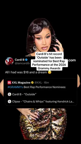 Cardi B's hit record 'Outside' has been nominated for Best Rap Performance at the 2026 Grammy Awards #creatorsearchinsights #cardiboutside #cardibgrammys #cardib #outside 