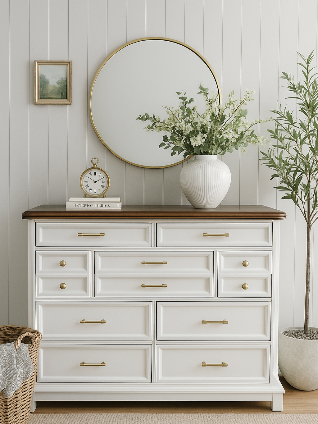 This dresser underwent a complete transformation from a dark, dated piece to an elegant, timeless beauty. The original deep mahogany finish and ornate brass pulls were replaced with a soft, neutral cream tone that brightens and modernizes the entire look. The top was refinished in a rich walnut stain, adding warmth and contrast against the painted body. Updated brushed brass hardware provides a refined, contemporary touch while keeping a nod to its classic roots. The result is a sophisticated and versatile dresser that feels fresh, inviting, and perfect for today’s modern farmhouse or transitional style interiors. #vintagefurniture #furnituremakeover #furniturerestoration #beforeandafter #furnitureflip #details #antique #antiquerestoration #DIY #hardware #restore @dixiebellepaintco @wagnerspraytech @lowes  @homedepot @fusionmineralpaint @surfprep_sanding @sherwinwilliams