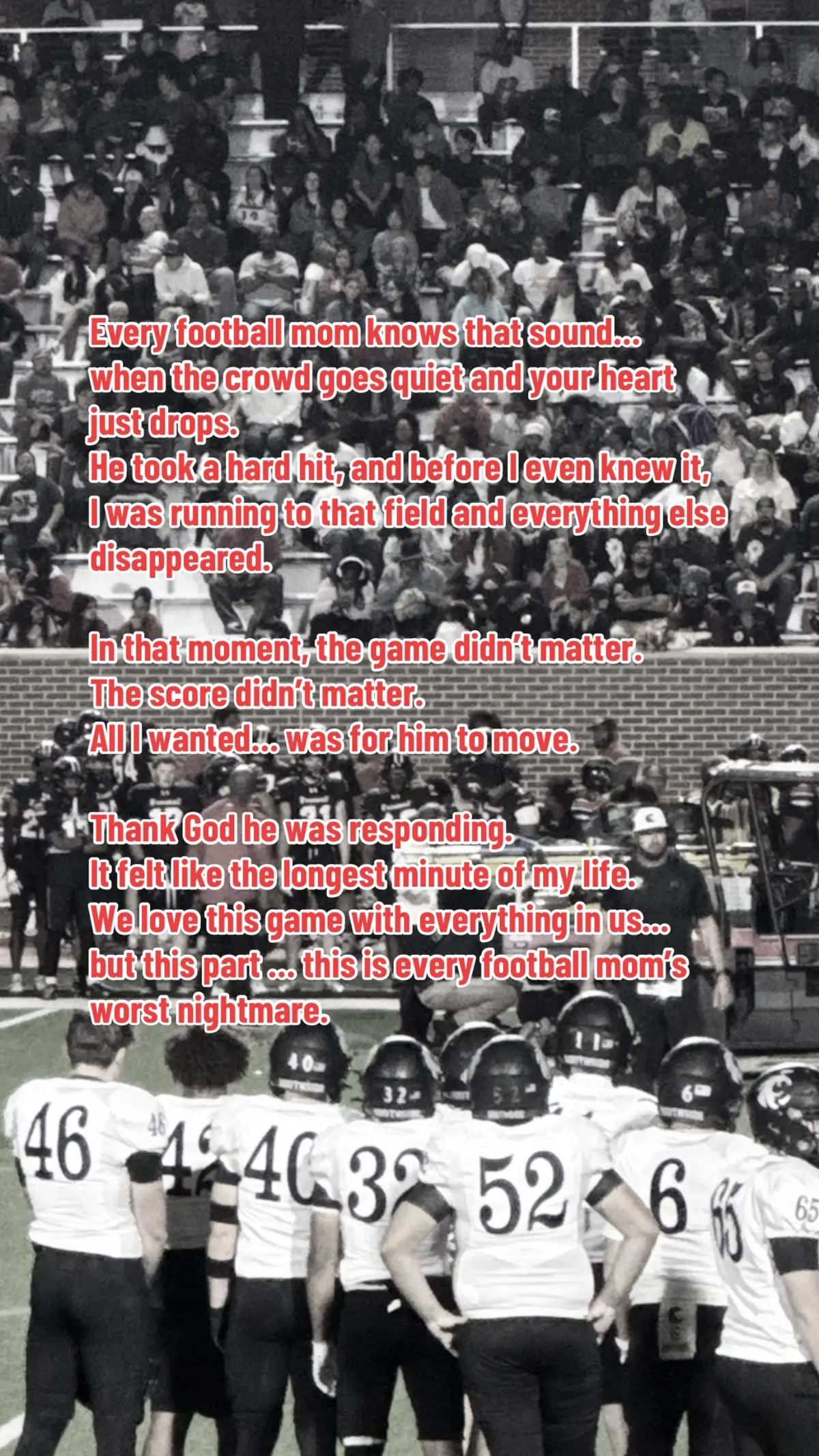 Every football mom knows that silence. One second you’re cheering… the next, you’re praying he gets up. I’ve never run so fast in my life. Thank GOD he’s okay. 🤍  #footballtiktok #footballmom #fridaynightlights #footballfamily #footballmoms#MomsofTikTok