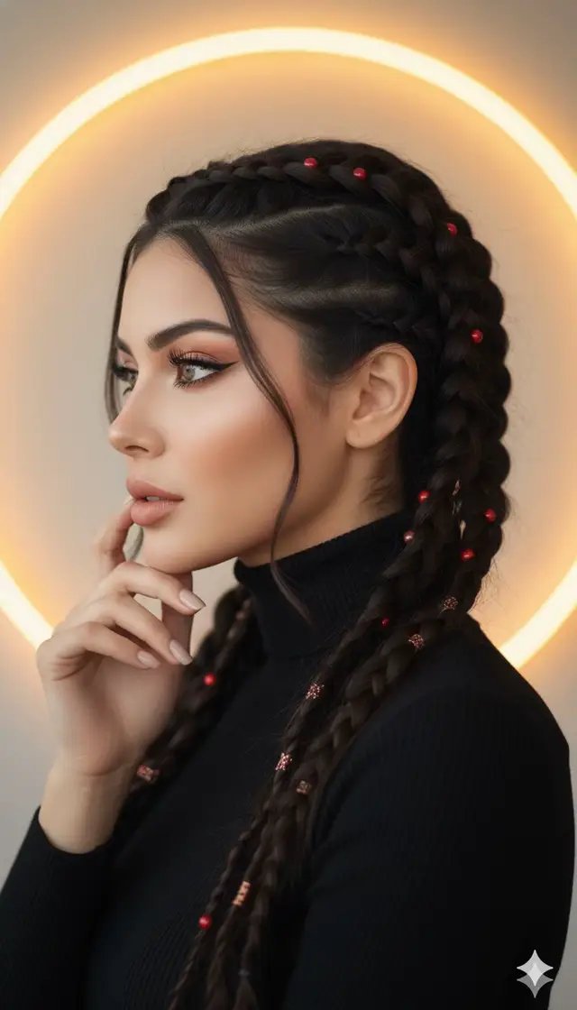 Usando o rosto da foto acima crie uma imagem hiperrealista 8k de uma mulher, com um penteado elaborado apresentando várias tranças holandesas e francesas. O cabelo longo e algumas tranças são adornadas com pequenas contas vermelhas ou enfeites. Ela tem maquiagem dramática nos olhos, incluindo delineador e sombra em tons de cobre/bronze. Seus lábios são nude ou em um tom pêssego suave. Ela está de perfil, olhando ligeiramente para a esquerda, com uma das mãos levantada até o queixo/boca, exibindo unhas bem cuidadas. O fundo é desfocado com um brilho neon circular ou halo amarelo-alaranjado que emana de trás dela.