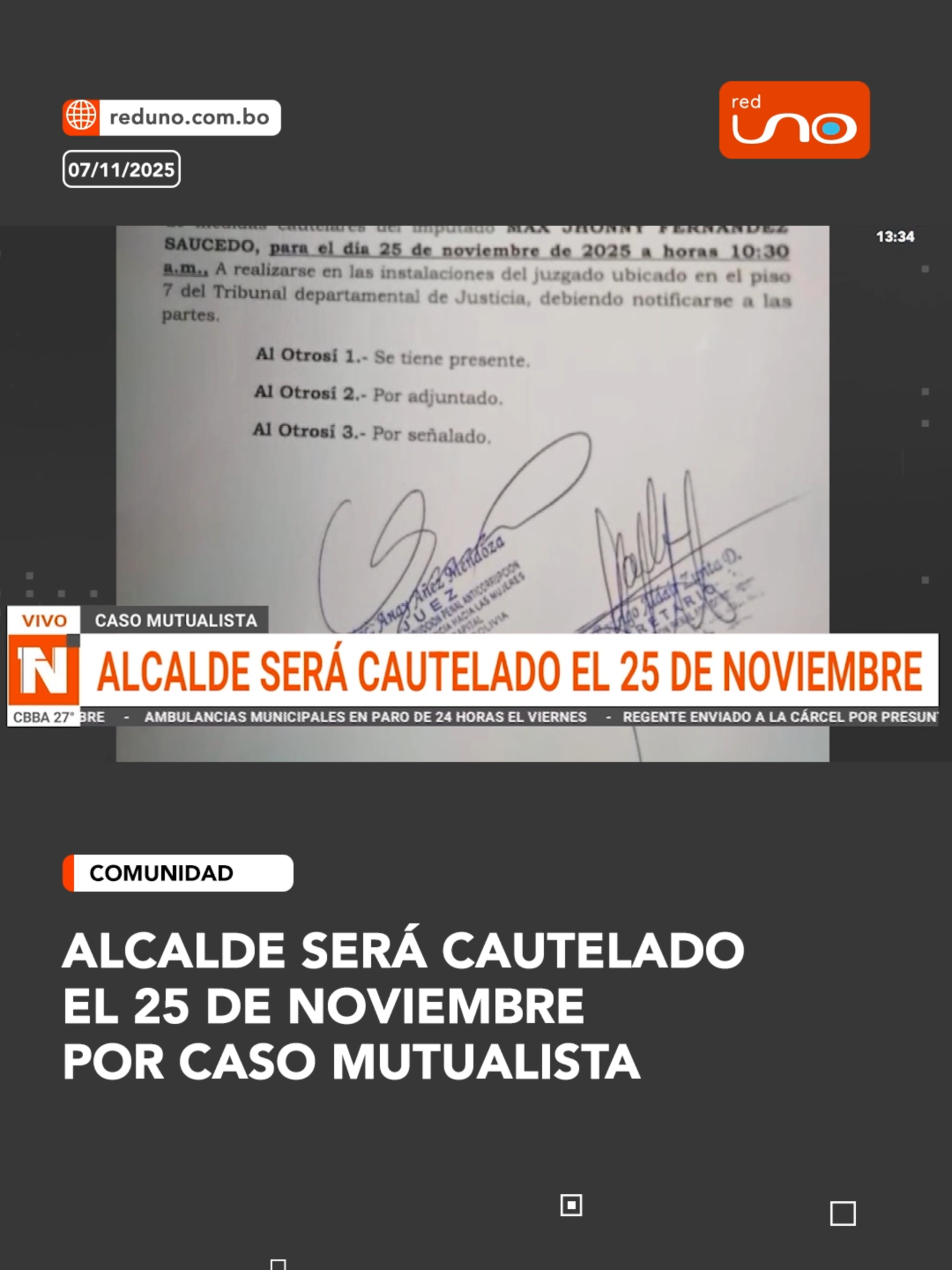 #Comunidad | l alcalde será cautelado el 25 de noviembre en relación al caso Mutualista 🏛️⚖️. Se espera que el proceso avance conforme a la investigación en curso. ▶️ Más información en www.reduno.com.bo l#Notivisión #RedUno