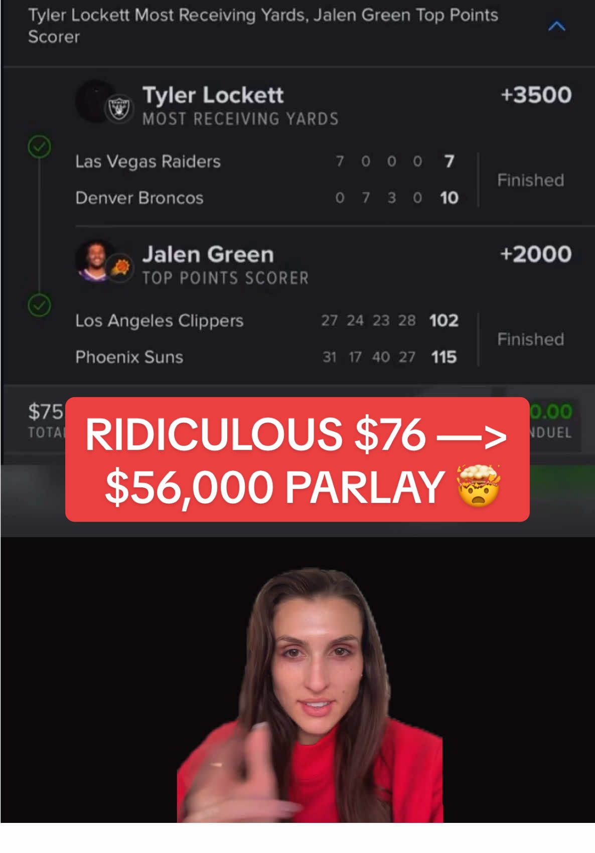 My GOODNESS 🤯 @nataliebodetv #lasvegasraiders #parlay #tylerlockett #jalengreen (Via DiceUp_/X @FanDuel Sportsbook)  