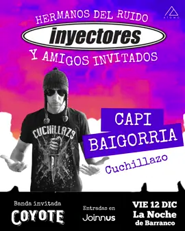 Seguimos completando el cartel para nuestro concierto del 12.12 en La Noche de Barranco. Hoy se une CAPI BAIGORRIA de CUCHILLAZO y quién crees que sea el siguiente? Danos una pista! No te pierdas esta gran noche con muchos músicos amigos invitados a escena y además celebramos el cumpleaños del Dr. Bellido que cumple esa misma noche! También se une desde Chimbote para abrir el escenario la banda COYOTE , que presentará su segundo nuevo single esa noche. ⚡️Grandes invitados en escena ⚡️Set largo ⚡️Celebramos el cumpleaños de Gabriel! ⚡️Sorteos de discos, polos y merch entre los asistentes Úntete a la celebración con nosotros 🙌 Las entradas están con descuento de 28% en Early Bird en Joinnus desde el link en nuestra BIO.