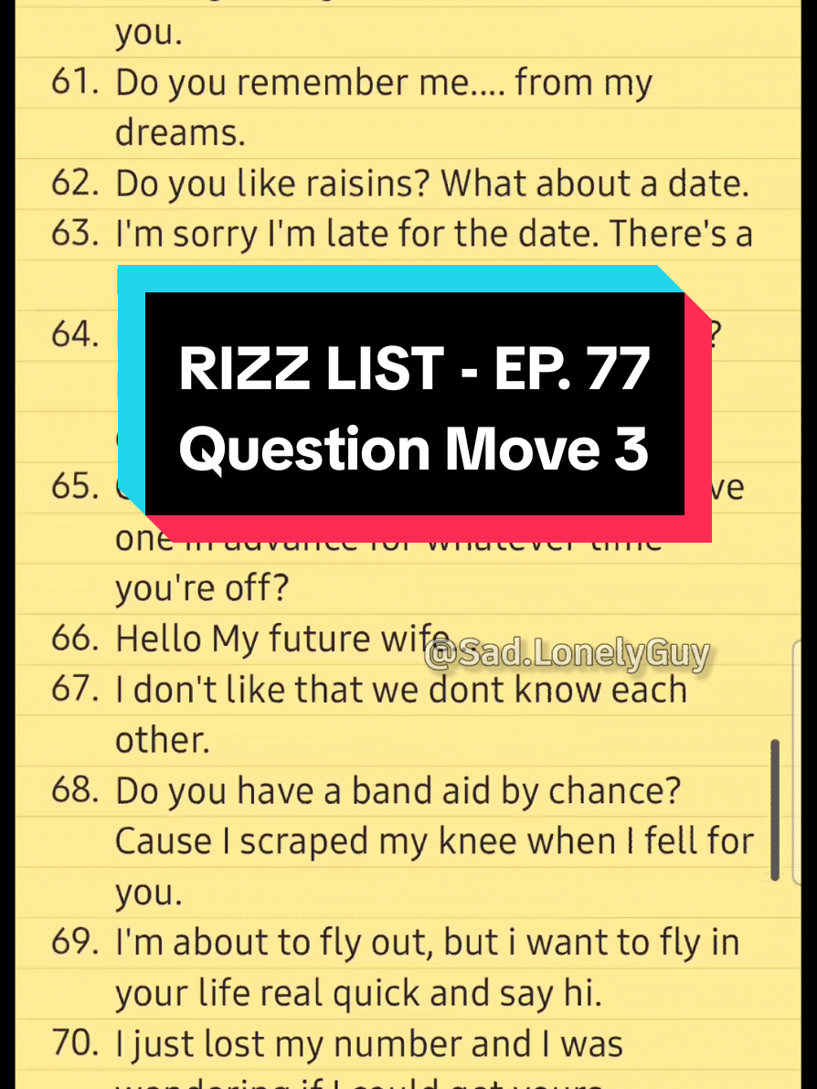Rizz List - Episode 77: Question Move 3: #rizz  #pickupline  #datingtips  #dating  #singlelife 