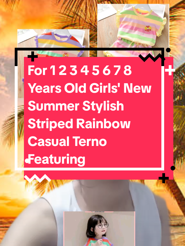 For 1 2 3 4 5 6 7 8 Years Old Girls' New Summer Stylish  Striped Rainbow Casual Terno Featuring Short Sleeve Top And Shorts Together With Girls Black Ear-edge T-shirt Suitable To Be A Birthday Gift #rainbowstylish #terno #girls #affiliatemarketing #fypspotted 
