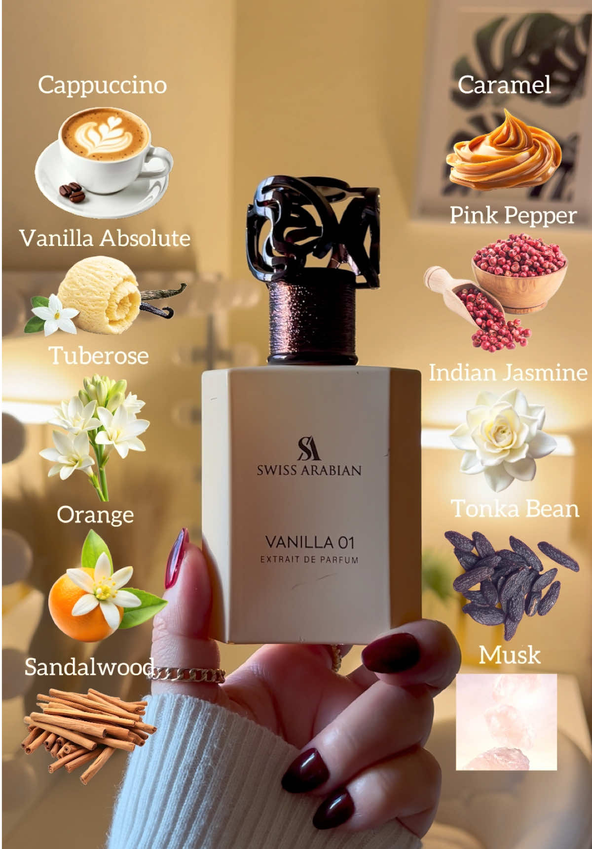 The perfect vanilla fragrance that gives you cozy christmas vibes🧁🪵🎄✨  Vanilla 01 @swissarabianperfumes  Arabian Perfume Gourmand vanilla🧁 🧁🥮Top Note: Pink, Pepper, Madagascar, Orange. 🧁☕️Middle Note: Jasmine, Sambac India, Cappuccino, Caramel, Tuberose. 🧁🪵Base Note: Vanilla Bourbon Absolute, Tonka Bean Absolute, Sandalwood, Musk.  #swissarabian#vanillaperfume#perfumetiktok#fragrance#fypシ゚viral  