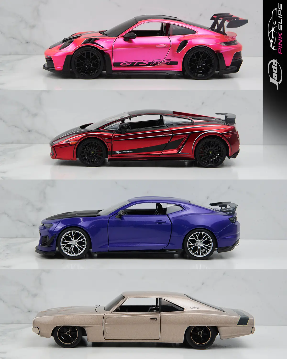 Get ready to roll with the 1:24 Pink Slips Wave 18! Four iconic rides built for speed and style. Which one’s hitting your shelf first? Comment your emoji below. 💛 1968 Dodge Charger Widebody  🩷 Porsche 911 992 GT3 RS 💜 2024 Chevy Camaro ZL1  ❤️ Lamborghini Gallardo #jadatoys #diecast #pinkslips