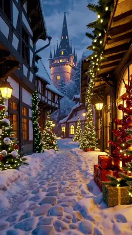 Step into a snow-kissed Christmas village — twinkling lights, cobblestone lanes, and a fairytale tower at the end. ✨ #christmas #christmaslights #christmasdecor #winterwonderland #holidayseason 