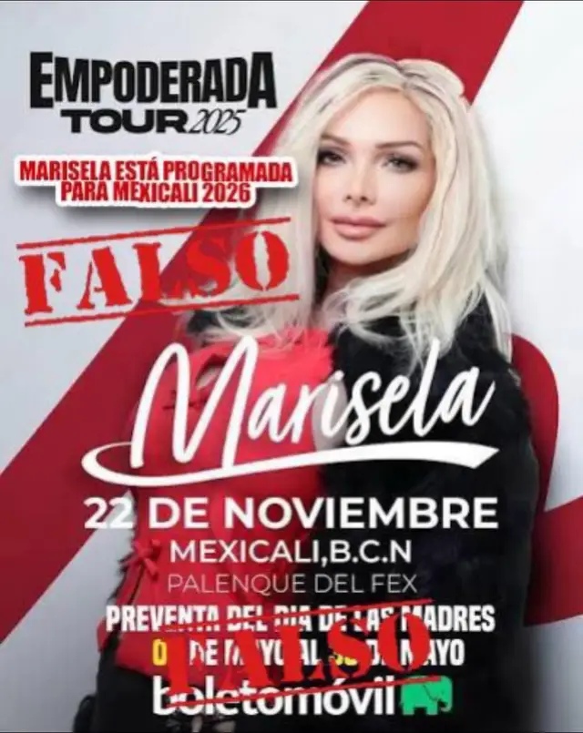 AVISO IMPORTANTE La fecha anunciada para el 22 de noviembre en Mexicali es falsa  Marisela tiene programada su presentación en Mexicali  para el año 2026. Les pedimos tomar precauciones y no adquirir boletos a personas no autorizadas o revendedores. Eviten ser víctimas de fraude.