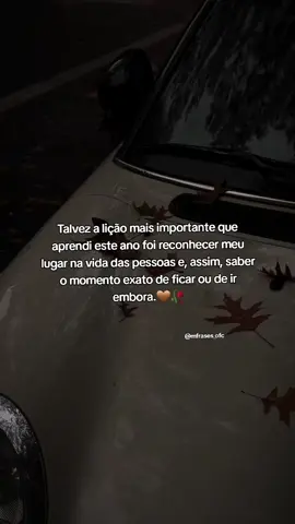 Talvez a lição mais importante que aprendi este ano foi reconhecer meu lugar na vida das pessoas e, assim, saber o momento exato de ficar ou de ir embora.🤎🥀 #reflexão #frasesreflexivas #frases #motivaçãoparavida #sentimentos 