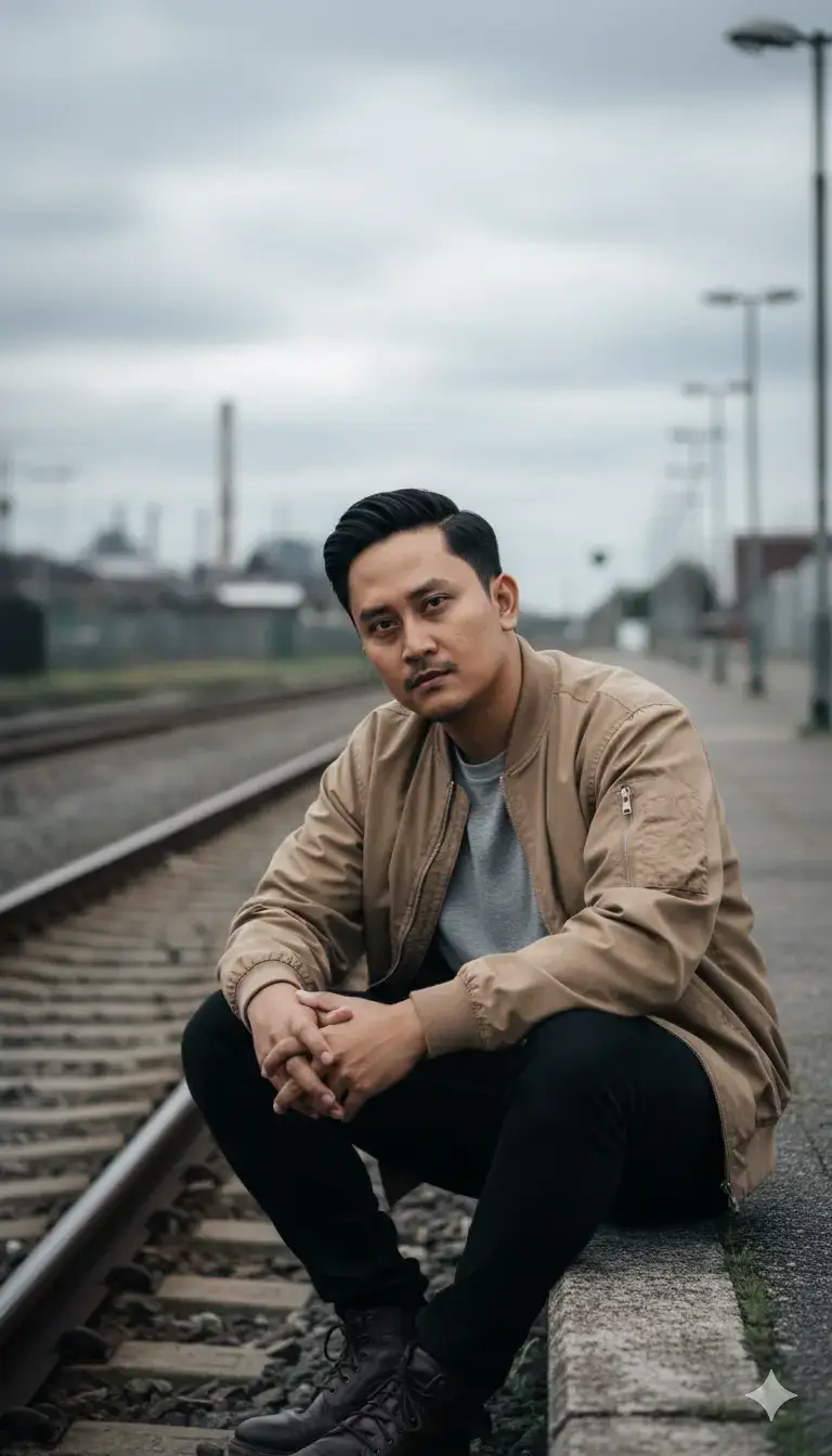 Prompt: Buat Potret sinematik ultra-realistis UHD 8k, Seorang pria muda dengan wajah dan gaya rambut sama persis seperti foto referensi, duduk di tepi peron rel kereta yang sepi, menatap kamera dengan ekspresi serius dan melankolis. Ia mengenakan jaket bomber cokelat muda longgar, kaus abu-abu, celana jeans hitam, dan sepatu boot kulit cokelat tua. Posisi tubuh sedikit membungkuk ke depan, dengan tangan bertumpu di antara lutut, tampak natural dan reflektif. Latar belakang menampilkan jalur rel yang memanjang ke kejauhan dengan suasana kota industri — cerobong asap pabrik tampak samar di kejauhan di bawah langit mendung. Pencahayaan alami lembut (soft natural light) dari hari berawan, tanpa bayangan keras, dengan tone warna netral dan sedikit dingin. Diambil dengan kamera DSLR full-frame, lensa 50mm f/1.8, depth of field dangkal, fokus tajam pada subjek, latar belakang sedikit blur (soft bokeh). Komposisi mengikuti rule of thirds, dengan perspektif garis rel menciptakan kedalaman visual yang dramatis. Gaya sinematik, urban fashion portrait, suasana tenang dan introspektif, tekstur realistis, detail tinggi, warna natural, pencahayaan lembut, resolusi sangat tinggi, mood melankolis dan editorial. --ar 3:2 --v 6 --q 2 --style raw --uplight --- #gemini #cinematic #foryoupage #aiphotography #fyp 