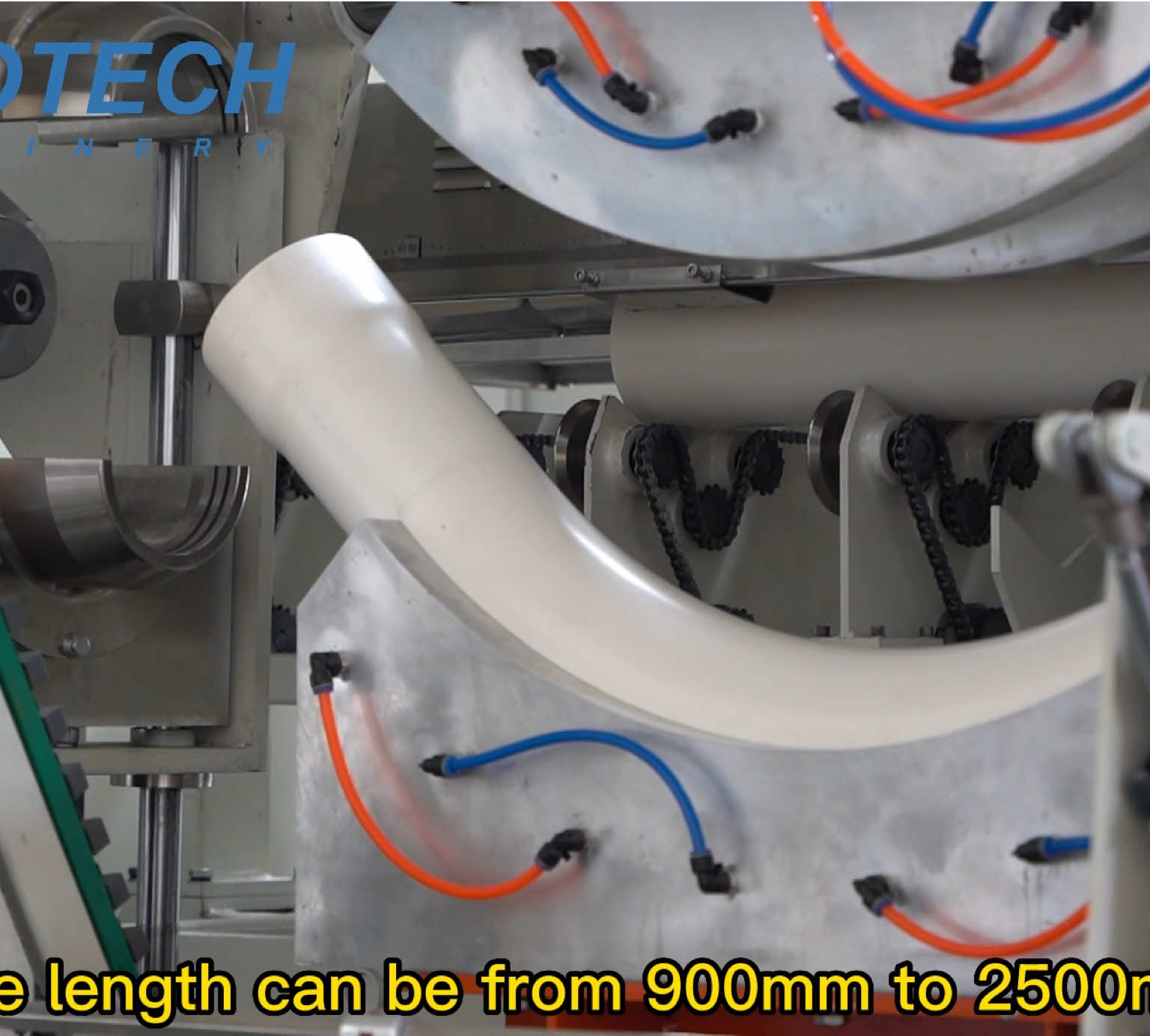Automatic PVC Pipe Bending Machine This is our new model for maximum 250mm pipe and this machine is double heating system And the pipe diameter can be from 110 to 250mm The pipe length can be from 900mm to 2500mm this machine with double side socketing system and the pipe angle can be from 22 to 90 degree