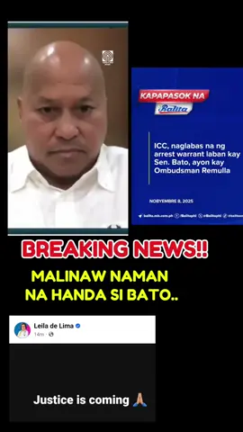 Heto na nga.. BREAKING NEWS: ICC, NAGLABAS NG WARRANT OF ARREST LABAN KAY SEN. BATO DELA ROSA Naglabas ang International Criminal Court (ICC) ng warrant of arrest laban kay Sen. Bato dela Rosa, ayon kay Ombudsman Jesus Crispin Remulla.