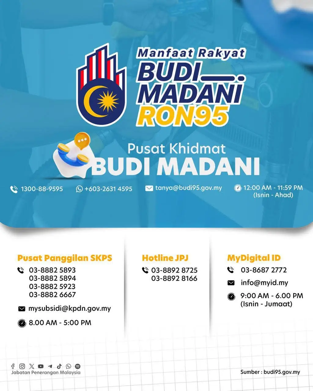 ✅ Manfaat Rakyat, BUDI MADANI RON95 🚗⛽ 🔹Ada sebarang pertanyaan? Hubungi talian yang disediakan. 🔹 Pusat Khidmat BUDI MADANI sedia membantu! 🤝 #RancakkanMADANI #MADANIBekerja #TaatSetia #JabatanPenerangan 