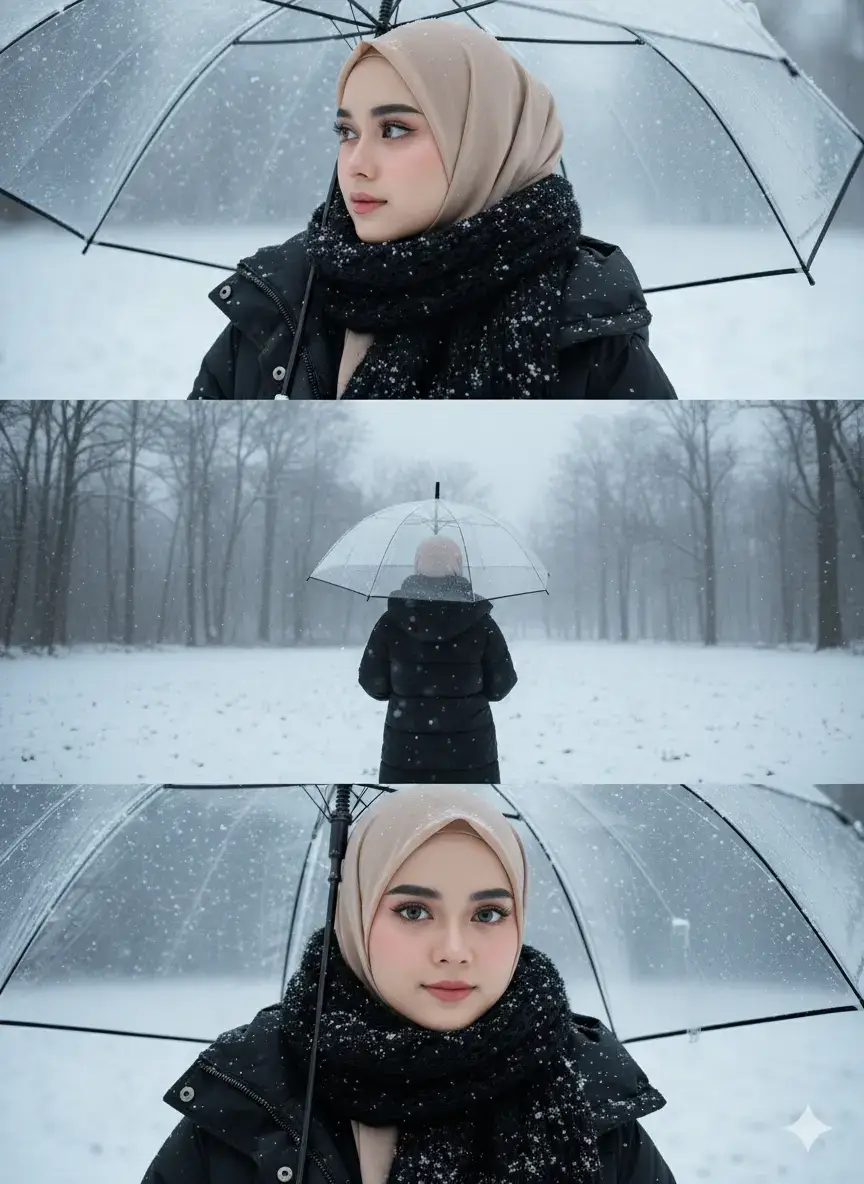 Menggunakan gambar ini sebagai referensi: buat potret editorial hiperrealistis dari orang yang sama. Kolase potret musim dingin editorial 8K hiperrealistis yang menampilkan tiga bingkai sinematik wanita yang sama di lanskap bersalju. Ia mengenakan jilbab krem ​​muda yang diikat rapi di belakang, tanpa terlihat apa pun di dada, jaket puffer hitam, dan syal rajutan hitam tebal yang ditaburi kepingan salju. Ia memegang payung transparan saat salju lembut turun di sekelilingnya dalam suasana musim dingin yang damai. Riasannya lembut dan halus, menampilkan perona pipi merah muda yang berembun, bibir merah muda yang mengilap, dan bulu mata lentik yang panjang, memberinya tampilan yang imut dan polos. Ia memiliki mata cokelat muda yang jernih. Komposisi Kolase: Bingkai Atas (Potret Samping): Profil samping close-up wajahnya di bawah payung transparan. Kepingan salju dengan lembut menempel di permukaan syal dan payungnya. Matanya menatap lembut ke kejauhan dengan ekspresi tenang. Bingkai Tengah (Foto Lebar): Foto seluruh tubuh dari belakang, memperlihatkan dirinya berdiri sendirian di lapangan terbuka bersalju. Tanah diselimuti putih, dan pepohonan tinggi dengan cabang-cabang gundul memudar menjadi hutan musim dingin yang berkabut di latar belakang. Siluet payung tampak samar-samar berkilau dalam cahaya. Bingkai Bawah (Close-Up Ketat): Close-up wajahnya yang detail — mata jernih dan tenang, butiran salju di bulu mata dan syalnya, napas lembut terlihat di udara dingin. Ia menatap kamera dengan ekspresi tenang. Detail Pencahayaan: – Cahaya alami yang menyebar di bawah langit musim dingin yang mendung – Pencahayaan lembut dan merata tanpa bayangan tajam – Salju bertindak sebagai reflektor alami, memantulkan cahaya untuk mencerahkan wajahnya secara merata – Suhu warna dingin (~5600K) dengan rona putih kebiruan lembut khas salju – Sorotan halus pada payung dan syal untuk menambah kedalaman – Kabut tipis atau kabut atmosfer di kejauhan untuk realisme sinematik – Tata letak kolase fotografi musim dingin editorial (tiga bingkai, urutan sinematik) – Tekstur salju yang realistis dan serpihan salju yang jatuh lembut – Fokus tajam pada subjek dengan kedalaman halus di setiap bingkai – Detail hiperrealistis 8K, kilauan salju yang terlihat, dan tekstur kain – Suasana tenang, introspektif, dan sinematik – Butiran film yang halus dan palet warna yang lembut (putih, abu-abu, hitam, krem) – Komposisi yang terinspirasi oleh editorial majalah mode kelas atas Pengaturan Kamera yang Disarankan (untuk rendering realistis): Lensa 85mm untuk potret, 35mm untuk bingkai lebar, aperture f/3.2–f/4.0, ISO 100, cahaya alami, keseimbangan putih 5600K, pencahayaan mendung lembut.